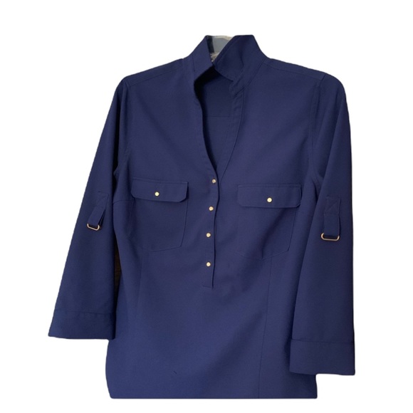 SKIES ARE BLUE Haldis Roll tab Blouse top Navy purple size Medium - Picture 2 of 6